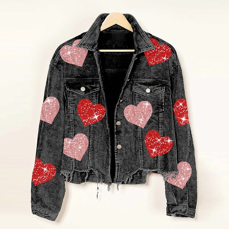 Black Womens Corduroy And Heart pattern Cropped Jacket
