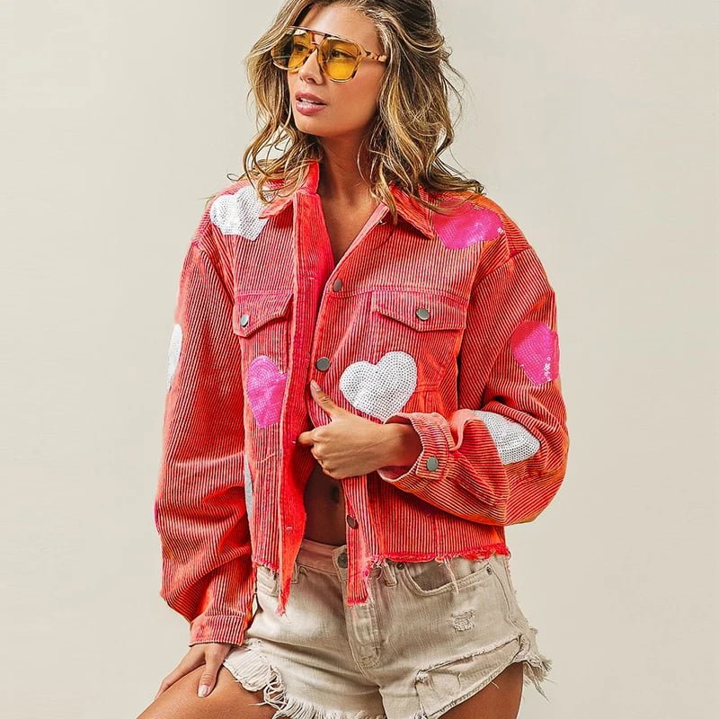 Red Womens Corduroy And Heart pattern Cropped Jacket