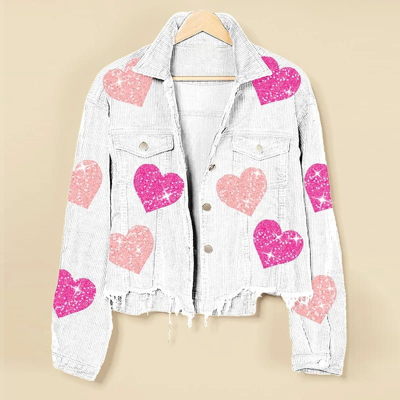 White Womens Corduroy And Heart pattern Cropped Jacket