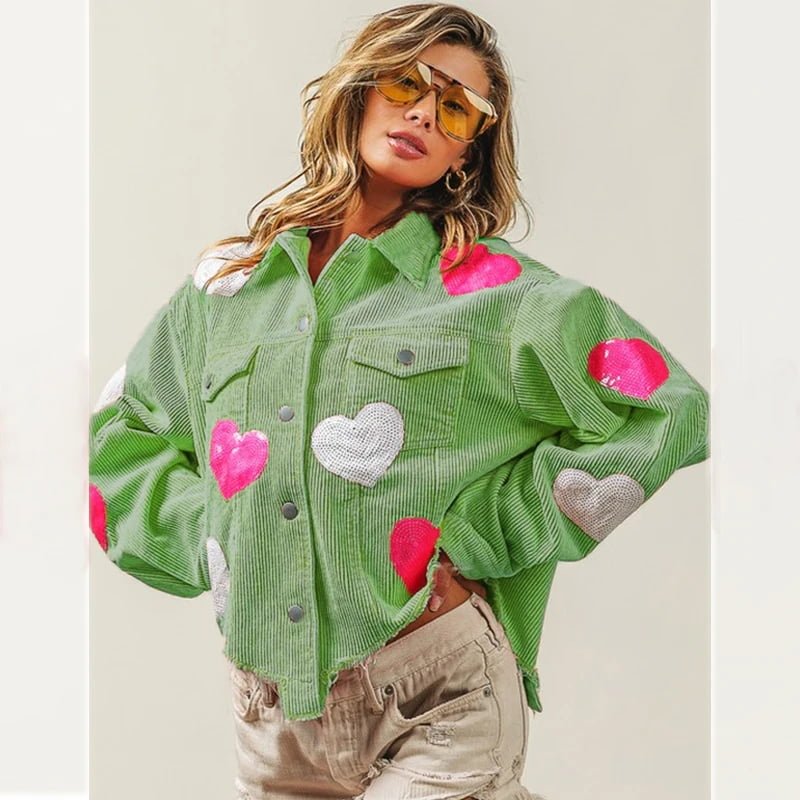 Green Womens Corduroy And Heart pattern Cropped Jacket
